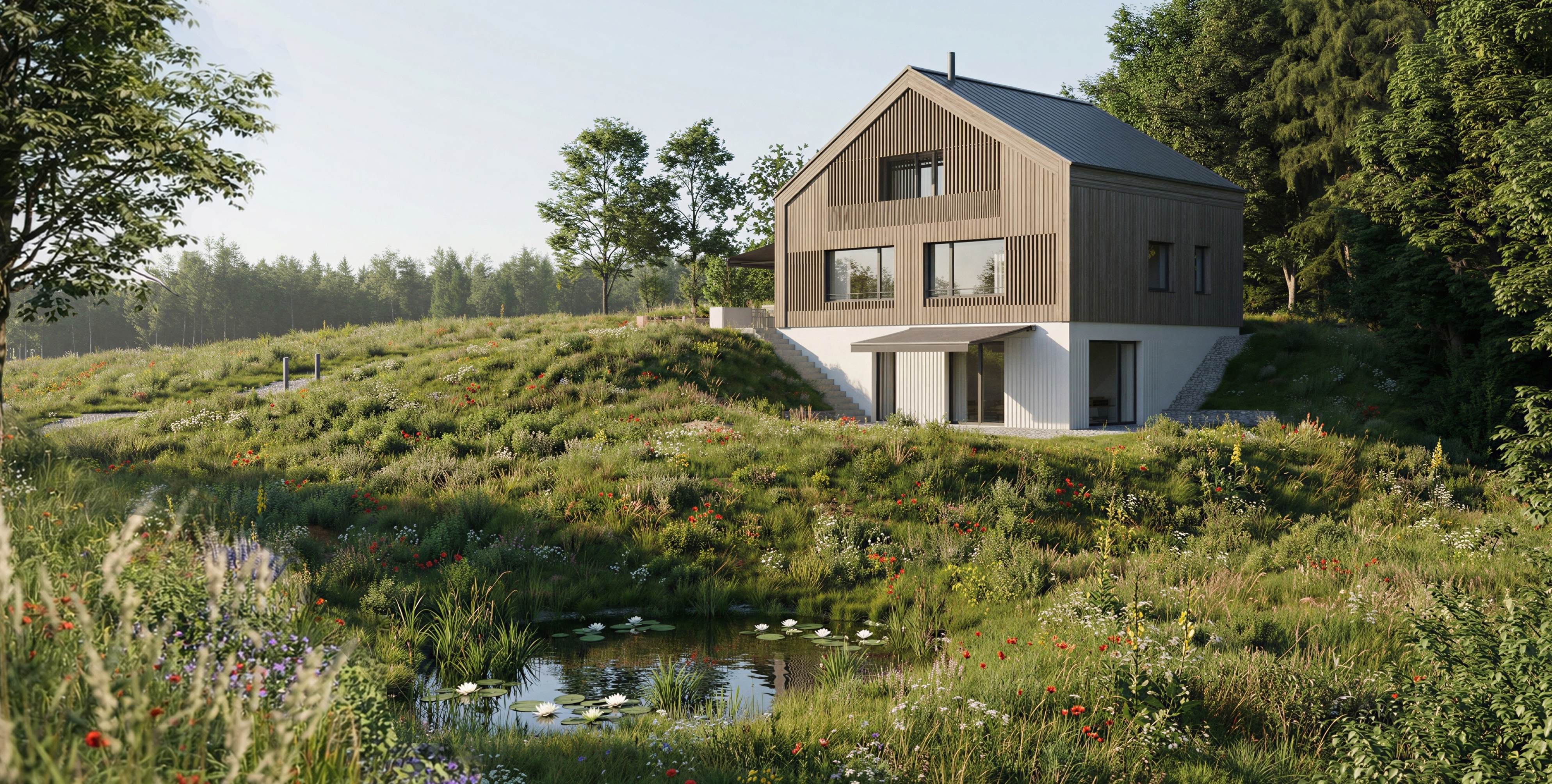 Moderne Architektur in einer begrünten Landschaft