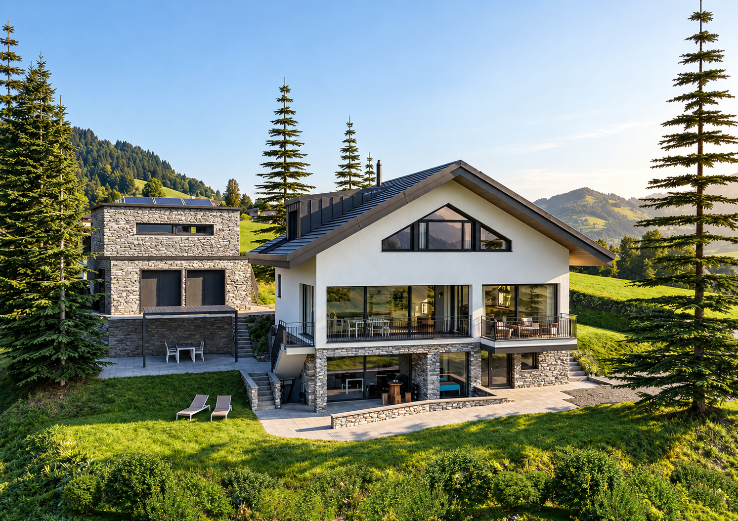 Im Böschi — Wohnhaus mit Natursteinsockel und Nebengebäude mit Photovoltaik