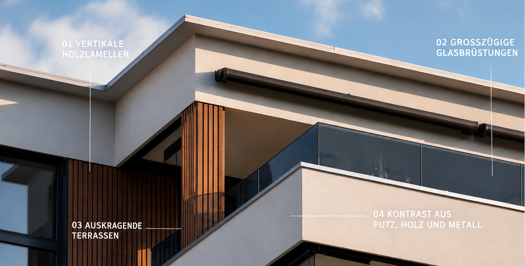 Rothusweg — Fassadendetail mit vertikalen Holzlamellen, grosszügigen Glasbrüstungen, auskragenden Terrassen und dem Kontrast aus Putz, Holz und Metall