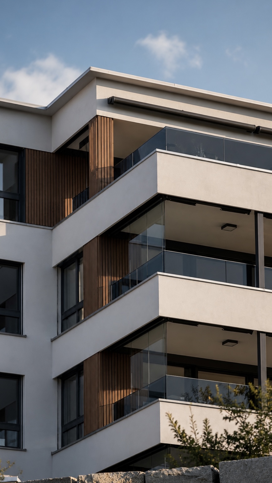 Rothusweg — Balkone mit hellem Putz, vertikalen Holzlamellen und Glasgeländer