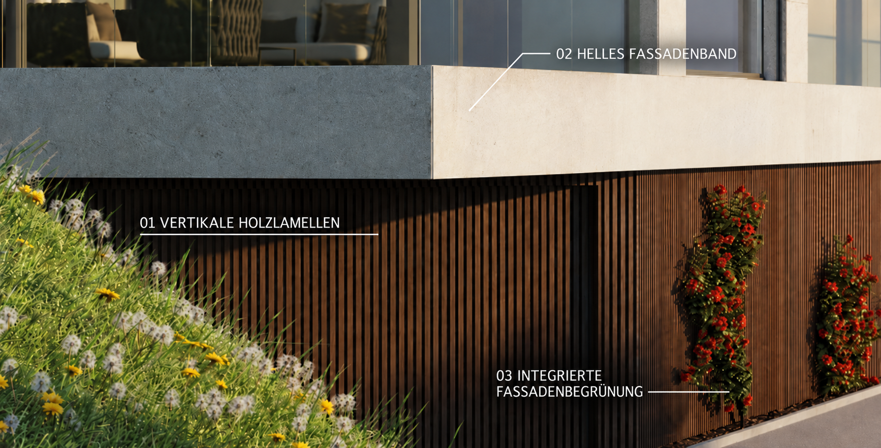 Schützenmatt — Fassadendetail mit vertikalen Holzlamellen, hellem Fassadenband und integrierter Fassadenbegrünung
