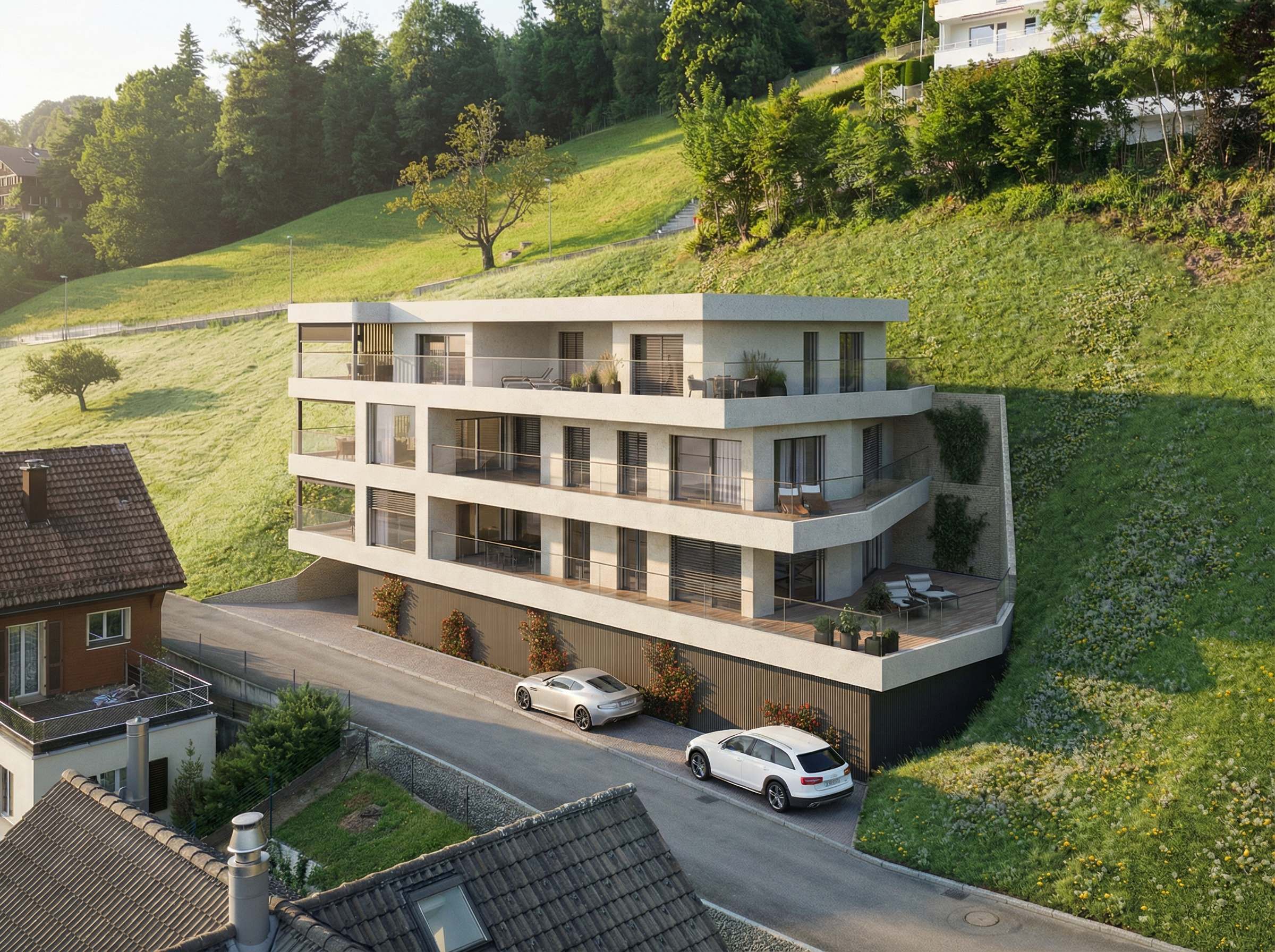 Schützenmatt — Mehrfamilienhaus mit Terrassen am begrünten Hang